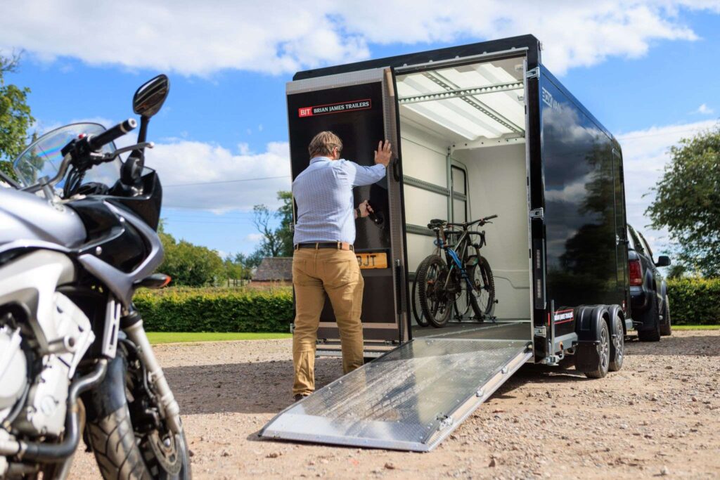 Brian James Box Van Trailer with Bikes Loaded Rear Ramp Open