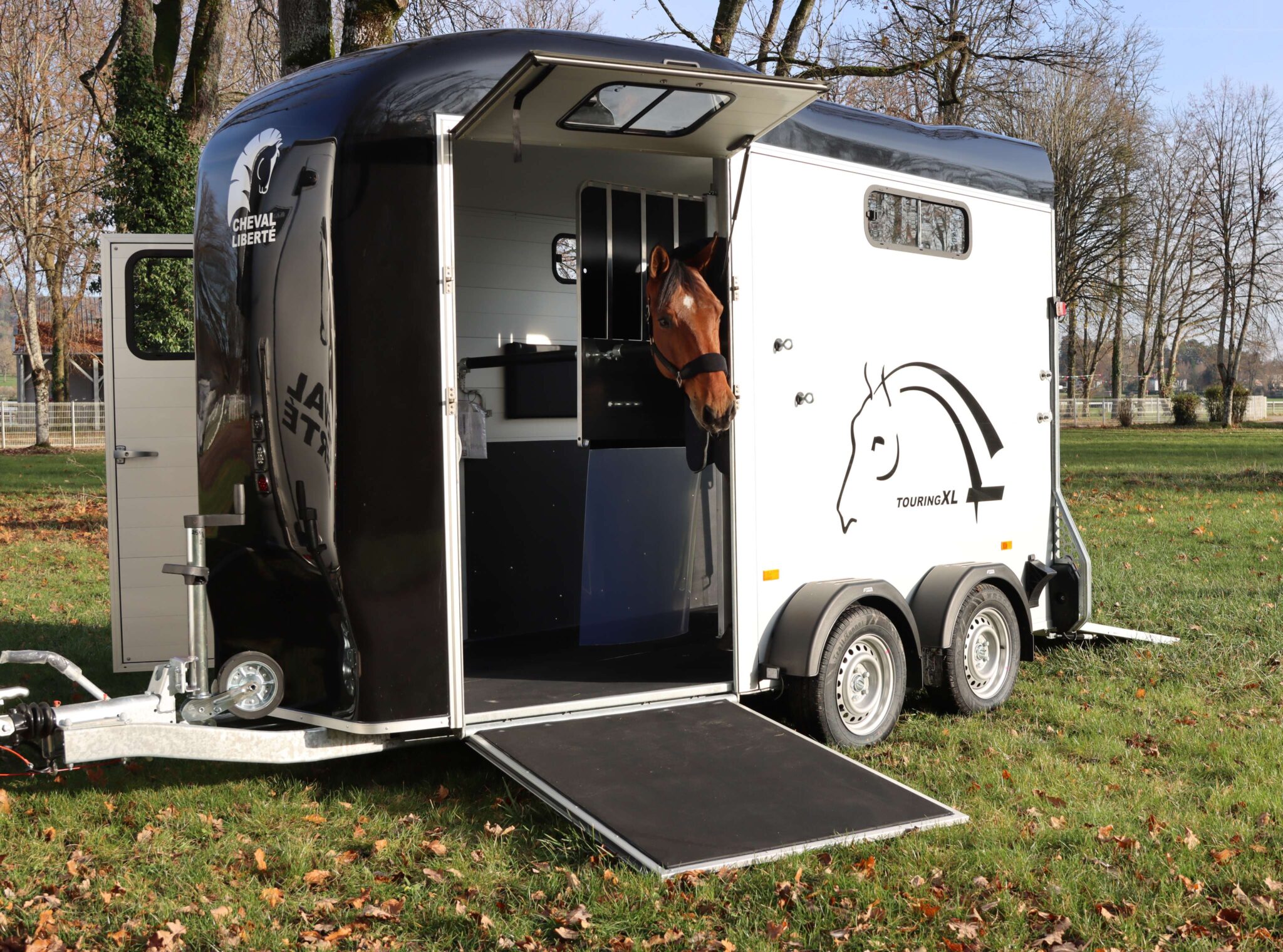 Cheval Liberté double horse trailer with horse standing inside and open rear ramp