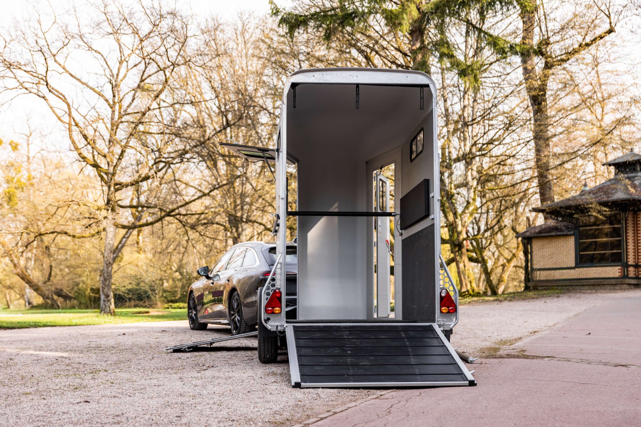 Equestrian horse Transporter from Cheval Liberté trailer in outdoor setting rear door open