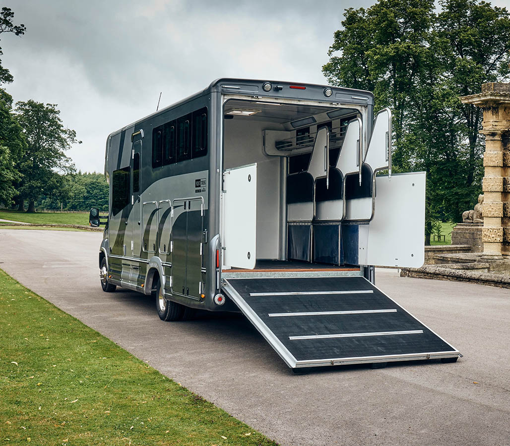 Large Equi Trek horse trailer with spacious enclosed body for transporting horses rear ramp loading