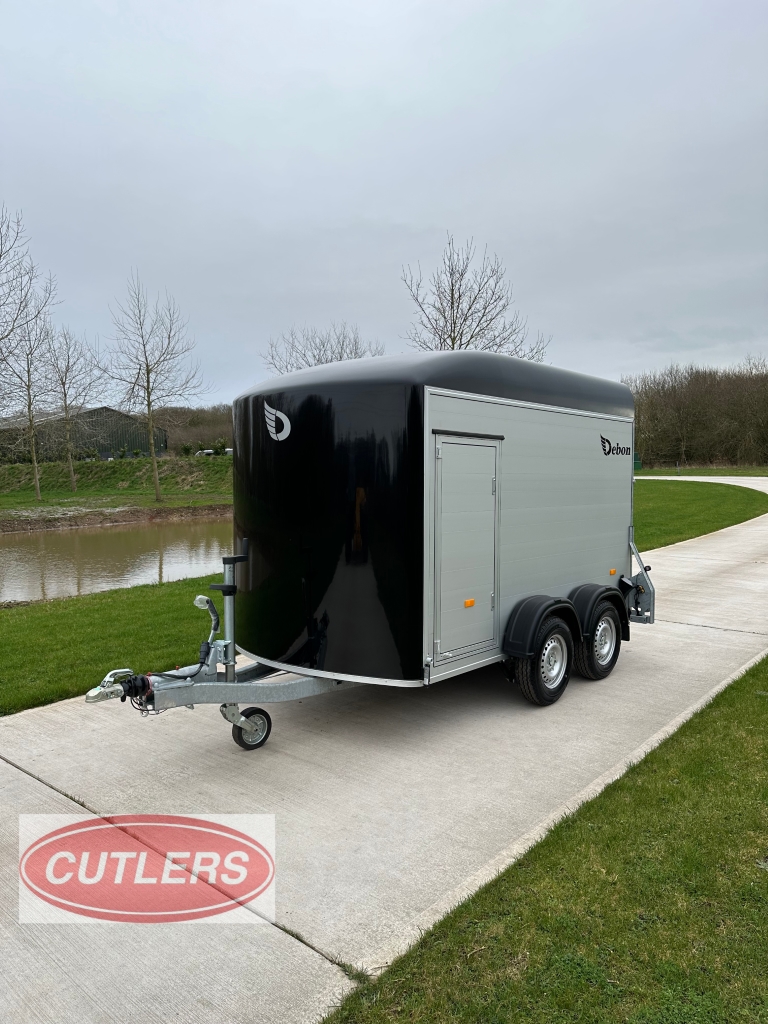 Debon C500 twin axle box trailer side profile showing enclosed body for sale UK