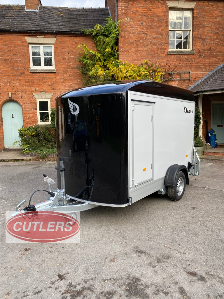 Debon C300 enclosed trailer front angle showing aerodynamic nose