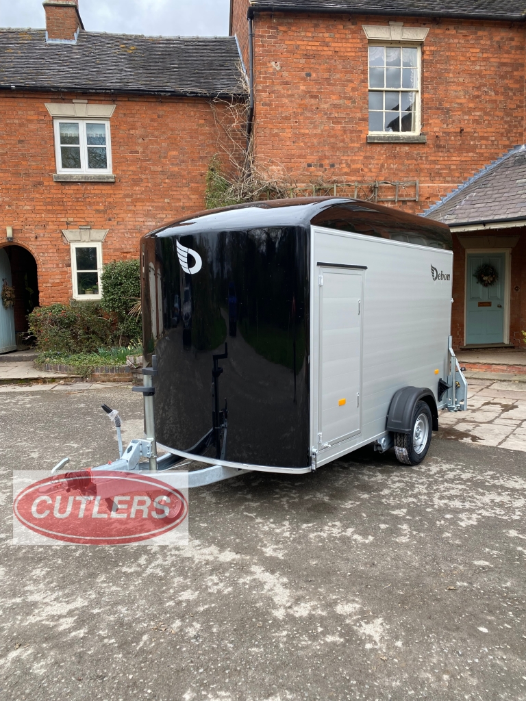 Debon C400 enclosed trailer angled front view showing aerodynamic nose
