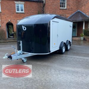 Debon C800 enclosed trailer angled front view showing aerodynamic nose
