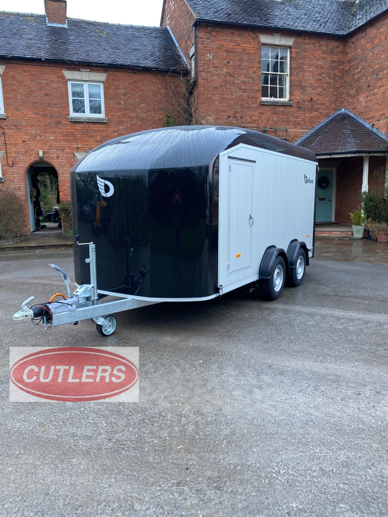 Debon C800 enclosed trailer angled front view showing aerodynamic nose