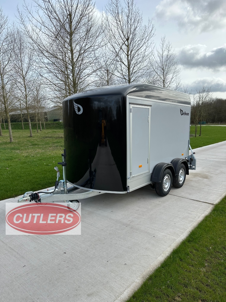 Debon C500 box trailer angled rear view on driveway