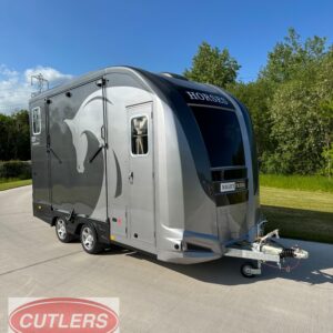 Equi-Trek Night Treka Elite horse trailer for sale UK front angled view with side loading ramp and living area