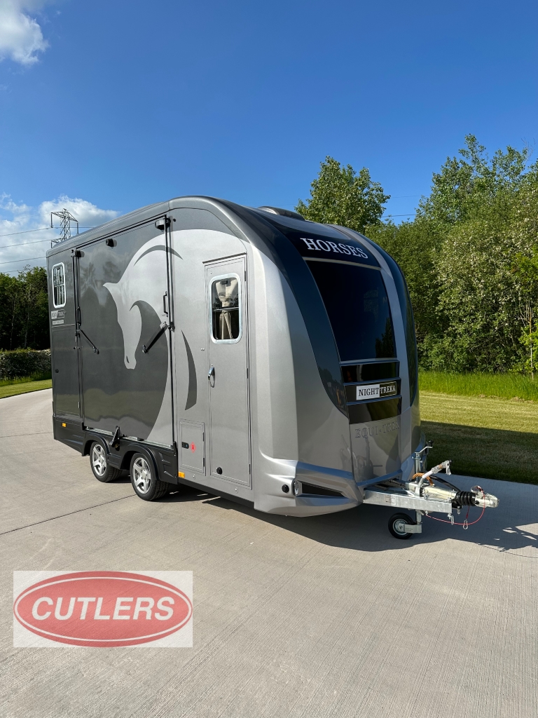 Equi-Trek Night Treka Elite horse trailer for sale UK front angled view with side loading ramp and living area