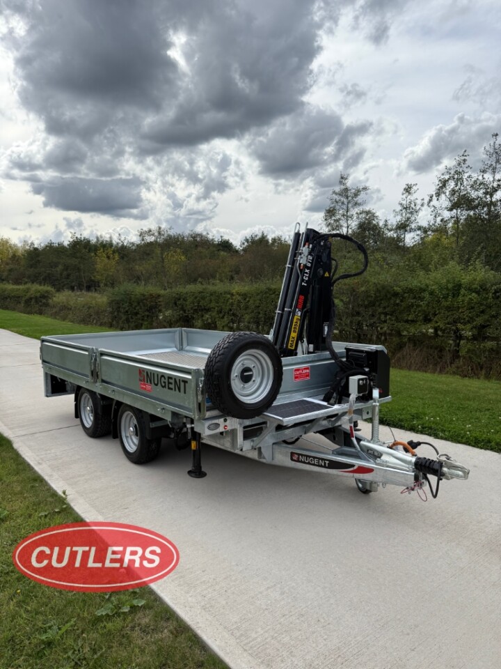 Nugent Hiab crane trailer for sale UK 3.5 tonne flatbed with 995kg lift capacity front angle