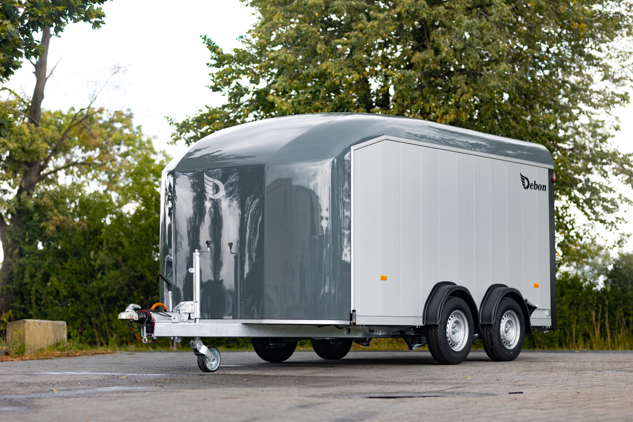 Debon Enclosed box trailer for transport and storage parked outdoors