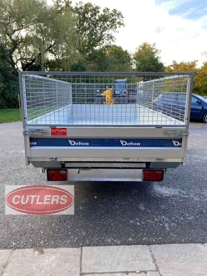 Debon box trailer rear view with secure cargo doors and single axle